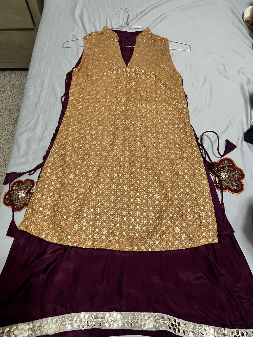 Embroidered Gold and Deep Plum Traditional Dress